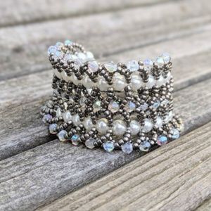 Bridal crystal pearl double flat spiral bracelet